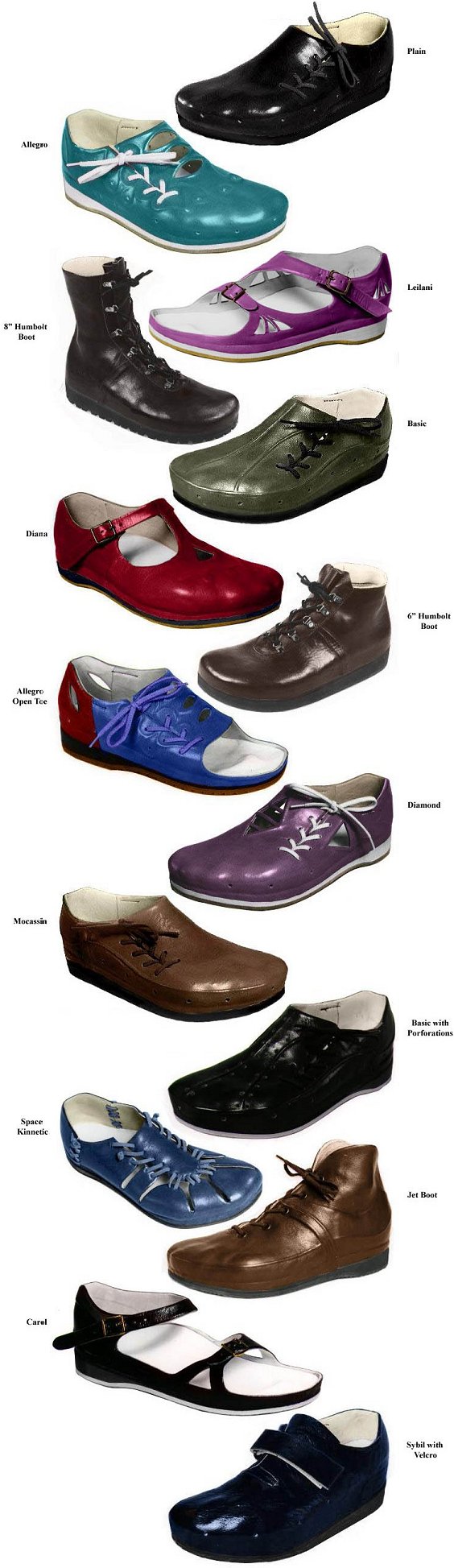 Our most popular shoe styles which include: Plain style, Allegro style, Moccasin style, Leilani style, Basic style, Diana style, BASIC Ventilated style, Carol style, HUMBOLD Low style, Space Kinetic Shoe -- Murrays Space Shoe style, Jet Boot style, Humboldt Boot High style.